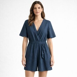ZARA Faux Wrap Romper XS Navy Blue Short Sleeve Elastic Waist NWT